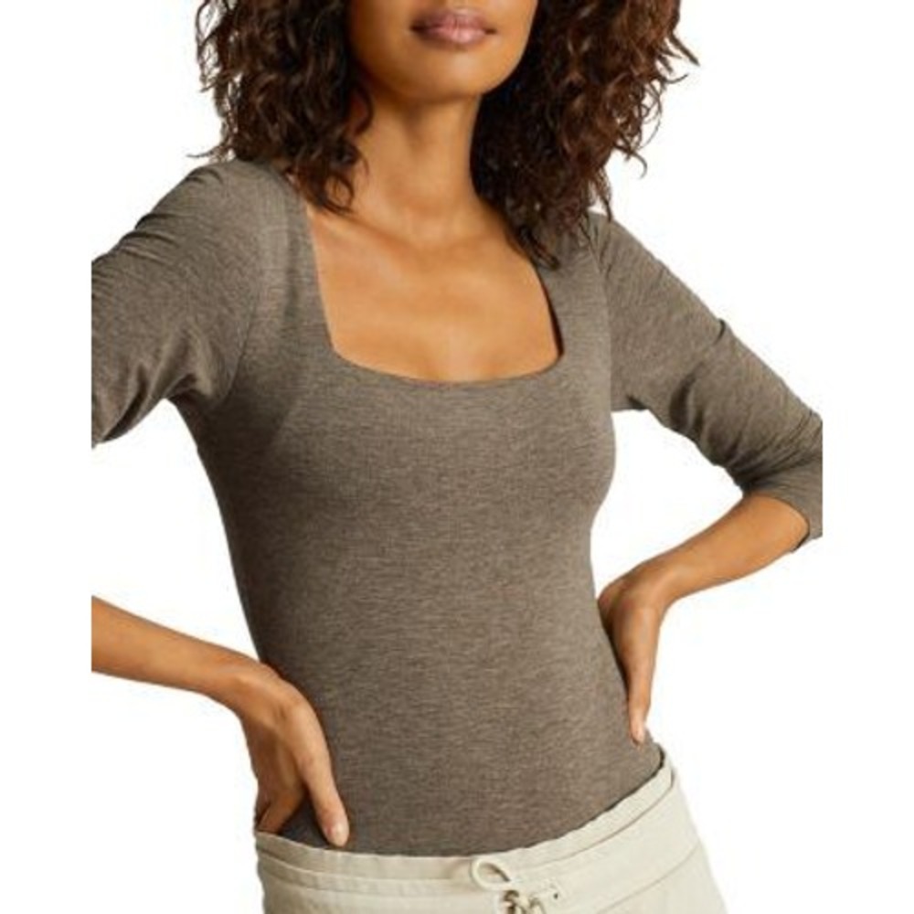 Reiss Beatrix Heather Grey Square Neck Cutout Back Bodysuit Long Sleeve Sz L